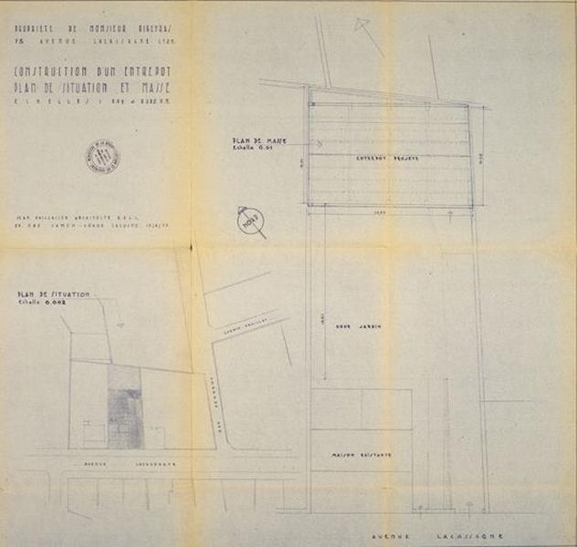 AC Lyon : 354 WP 068 PCA n° 687, plan de situation et plan masse du hangar pour M. Ribeyras par M. Paillasson