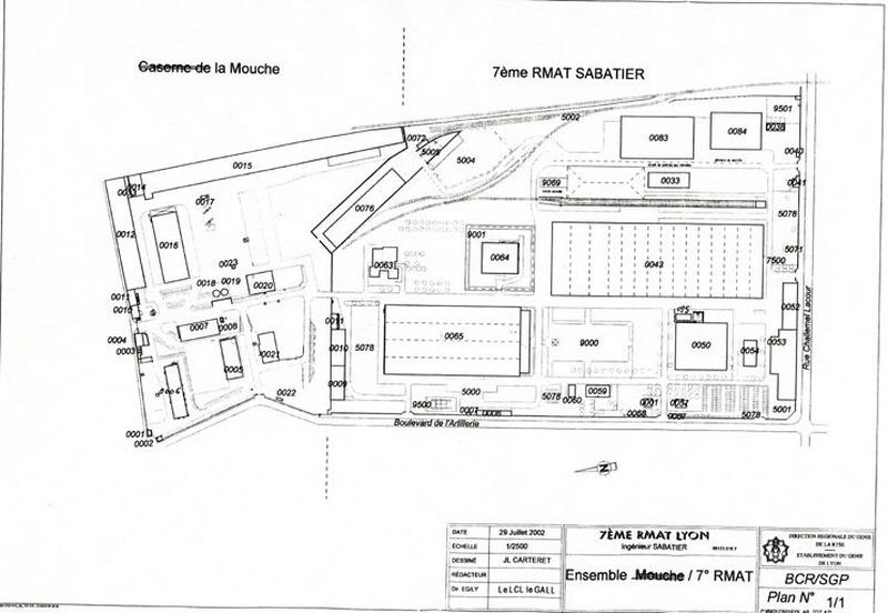 Plan de masse, 7ème RMAT Lyon, J-L. Carteret dessinateur, 1/2500