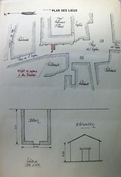 15 février 1936. Elargissement de la place de l'Eglise. Procès verbal d'estimation [de la parcelle D1 753]. Jules Péricard, ingénieur du service vicinal à Montbrison. Plan des lieux et plan, élévation de l'édifice.