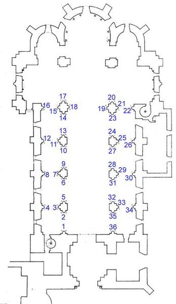 Plan de localisation des chapiteaux dans la nef.