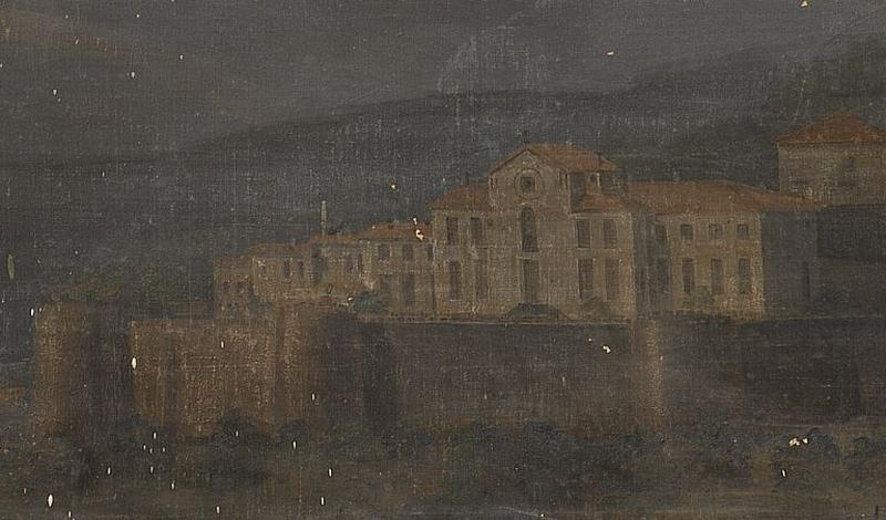 Tableau de saint Aubrin au-dessus de la ville, détail. Vue de la demeure vers 1835-1840.