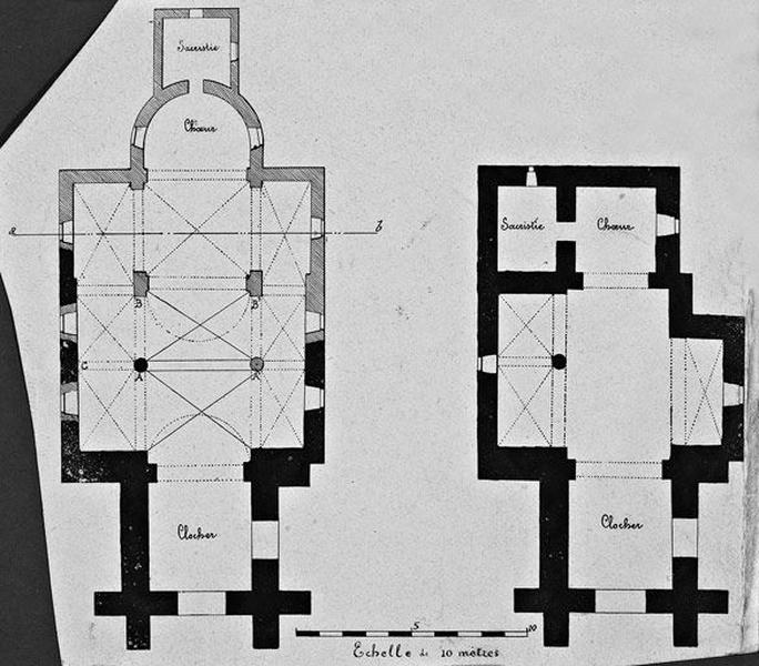 Fig. 7 et 8. Plans de l'église de Lérigneux. Etat actuel [avec indication des parties conservées]. Avant la démolition de 1830. (Archives de la sacristie de Lérignieu).