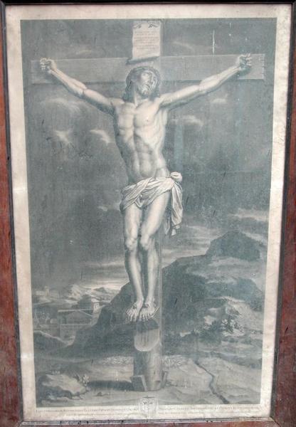 Vue d'ensemble d'une gravure représentant le Christ en croix.