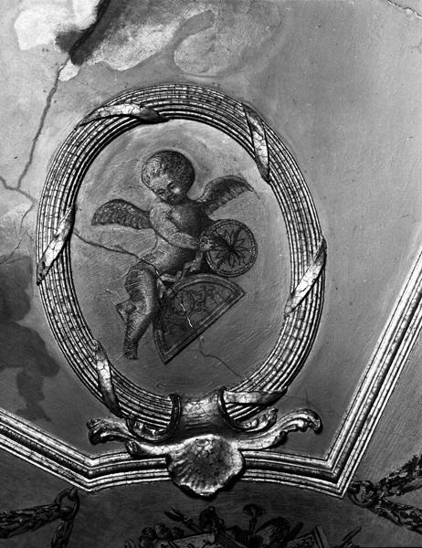 Salon. Plafond, détail : angelot en médaillon à l'angle sud-est.