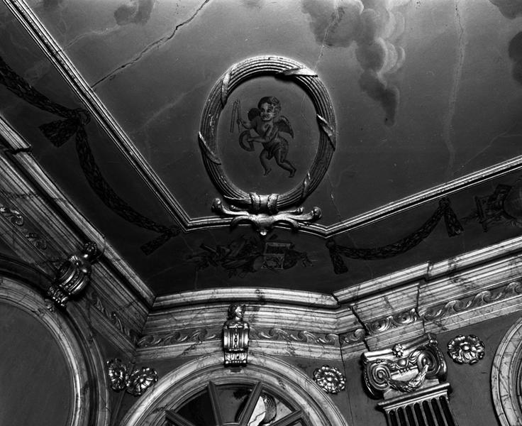 Salon. Plafond, vue générale de l'angle sud-ouest.