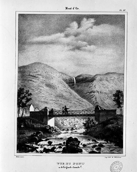 Vue du pont et de la grande cascade, lithographie, par Delorieux. In : Souvenirs du Mont-Dore, s.d. [vers 1830].
