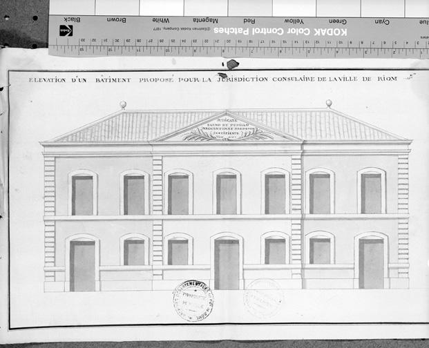 Edifice disparu (emplacement inconnu) : élévation d'un bâtiment proposé pour la jurisdiction consulaire de la ville de Riom, [par Saladin, ingénieur de la ville de Riom, 1752.]