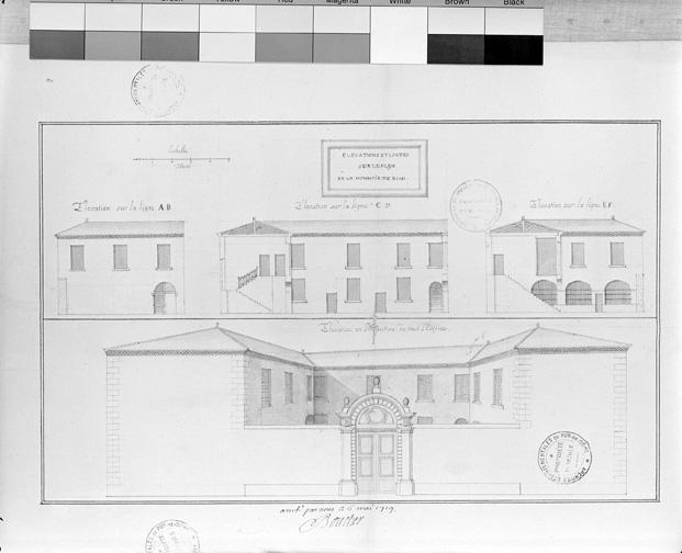 Façade, élévations et coupe de la Monnoie de Riom,[par Saladin, architecte et ingénieur, 1719], «arrêté par Boucher [intendant] 6 mai 1719».