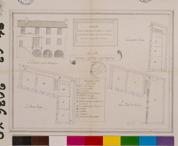 Plan des réparations à faire au Monnoïage de la monnaie de la ville de Riom, papier, 56 x 41 cm., lavis, 1,4 cm./toise, n.s., n.d. [entre 1710 et 1719]