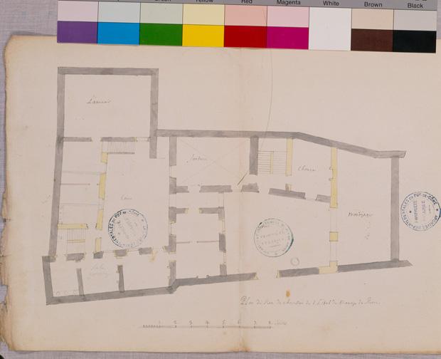 Plan du rez-de-chaussée de l'hôtel de Monoïe de Riom, papier, 45 x 30 cm., lavis, 1,5 cm./toise, n.s., n.d. [18e siècle]