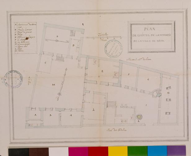 Plan de l'hôtel de la Monnoïe de la ville de Riom, papier, 56 x 41 cm., lavis, 1,3 cm./toise, n.s., n.d. [entre 1710 et 1719]