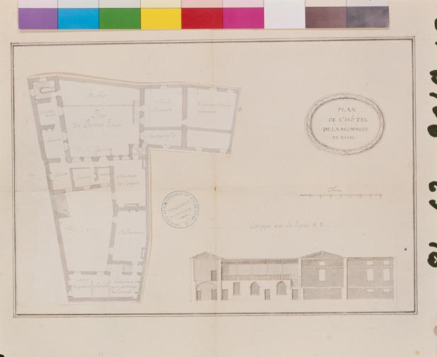 Plan de l'hôtel de la Monnoïe de Riom, 1er étage, papier, 51 x 40 cm., lavis, 1 cm./toise, n.s.[par Saladin, architecte et ingénieur, 1718]