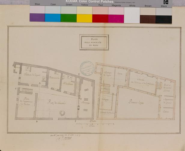 Plan de la Monnoïe de Riom, papier, 54 x 39 cm., lavis, 1,8 cm./toise, n.s.[par Saladin, architecte et ingénieur, 1719], «arrêté par nous ce 6 mai 1719. Boucher» [intendant]