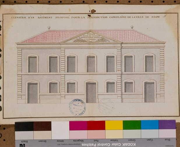 Elévation d'un bâtiment proposé pour la jurisdiction consulaire de la ville de Riom, papier, 43 x 27 cm., lavis rose et gris, s. éch., n.d., n.s. [par Saladin, 1752.]