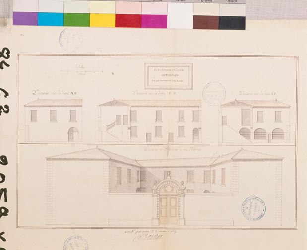 Elévation et coupe sur le plan de la Monnoïe de Riom, papier, 54 x 38 cm., lavis, 1,3 cm./toise, n.s.[par Saladin, architecte et ingénieur, 1719], «arrêté par Boucher [intendant] 6 mai 1719»