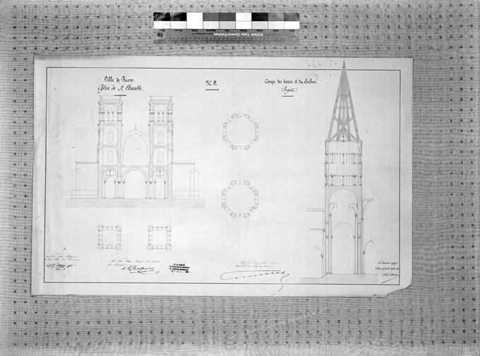 Ville de Riom. Eglise de Saint-Amable n°12. Coupe des tours et du clocher, projet, par A. Mallay, architecte, 1851