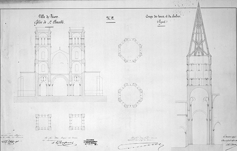 Ville de Riom. Eglise de Saint-Amable n°12. Coupe des tours et du clocher, projet.