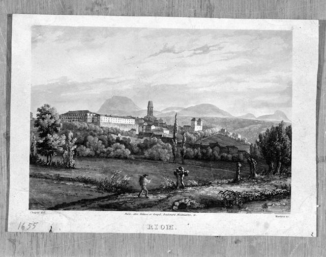 Vue générale de Riom la ville depuis le nord-est, par Martens d'après un dessin de Chapuy, s.d. [début 19e siècle]