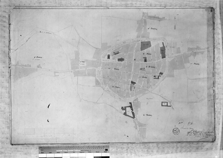 Plan d'alignement de Riom, tableau d'assemblage, papier, 103 x 71 cm., lavis, 1/2000°, par Favrele, 1872