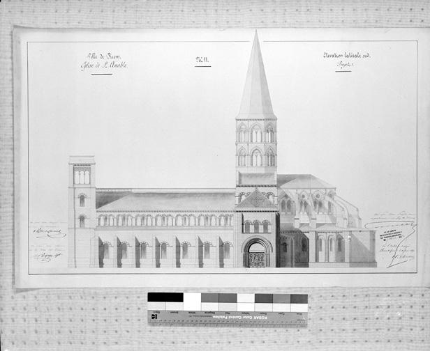 Ville de Riom. Eglise de Saint-Amable n°11. Elévation latérale sud, projet, par A. Mallay, architecte, 1851