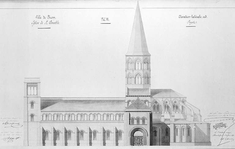 Ville de Riom. Eglise de Saint-Amable n°11. Elévation latérale sud, projet.