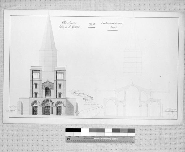 Ville de Riom. Eglise de Saint-Amable n°10. Elévation ouest et coupe, projet, par A. Mallay, architecte, 1851