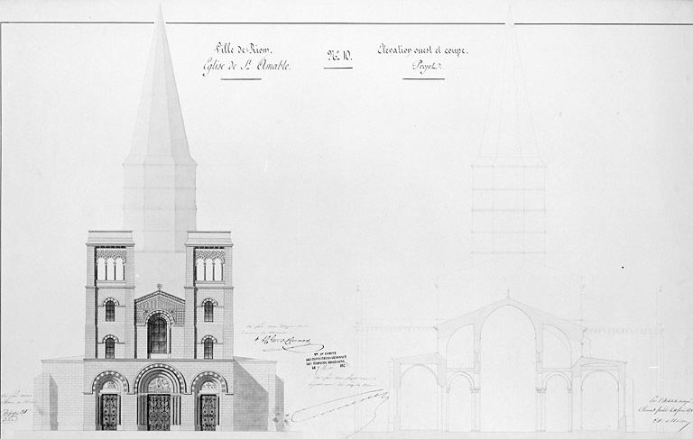 Ville de Riom. Eglise de Saint-Amable n°10. Elévation ouest et coupe, projet.