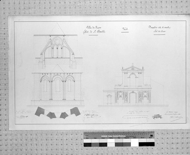 Ville de Riom. Eglise de Saint-Amable n°6. Façades est et ouest, état des lieux, par A. Mallay, architecte, 1851