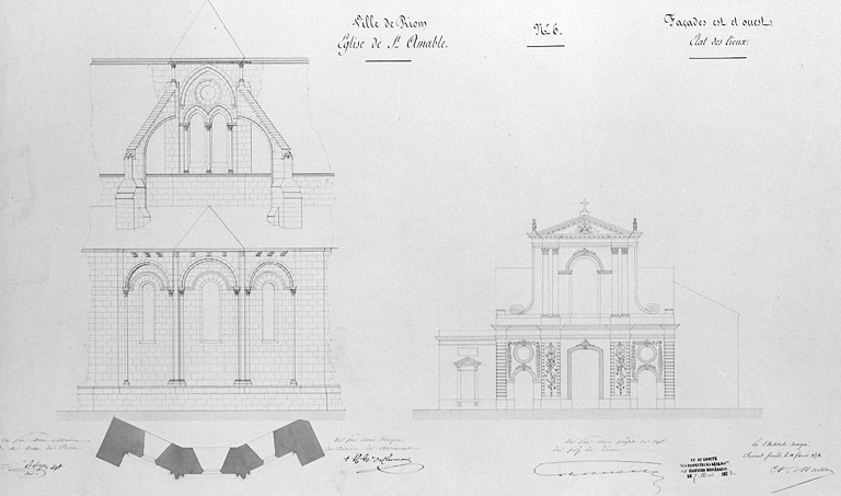 Ville de Riom. Eglise de Saint-Amable n°6. Façades est et ouest, état des lieux.