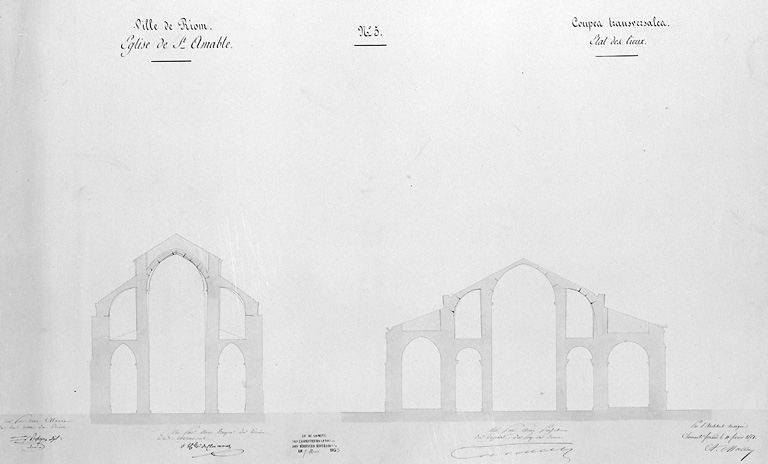 Ville de Riom. Eglise de Saint-Amable n°5. Coupes transversales, état des lieux.