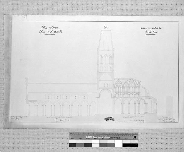 Ville de Riom. Eglise de Saint-Amable n°4. Coupe longitudinale, état des lieux, par A. Mallay, architecte, 1851