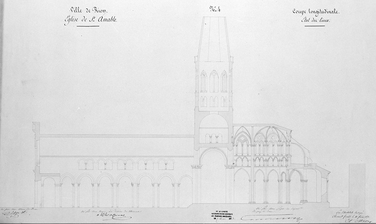 Ville de Riom. Eglise de Saint-Amable n°4. Coupe longitudinale, état des lieux.