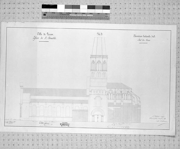 Ville de Riom. Eglise de Saint-Amable n°3. Elévation latérale sud, état des lieux, par A. Mallay, architecte, 1851