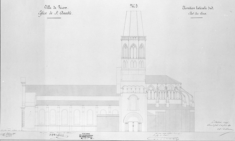 Ville de Riom. Eglise de Saint-Amable n°3. Elévation latérale sud, état des lieux.