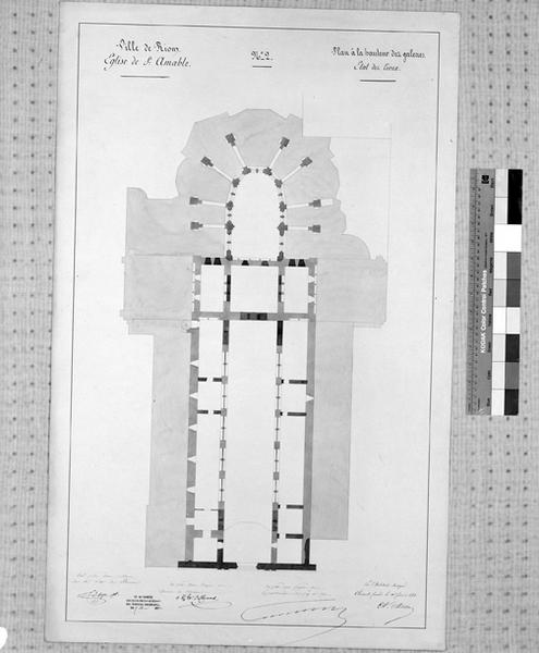 Ville de Riom. Eglise de Saint-Amable n°2. Plan à hauteur des galeries, état des lieux, par A. Mallay, architecte, 11 février 1851