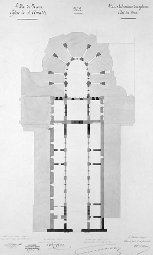 Ville de Riom. Eglise de Saint-Amable n°2. Plan à hauteur des galeries, état des lieux.