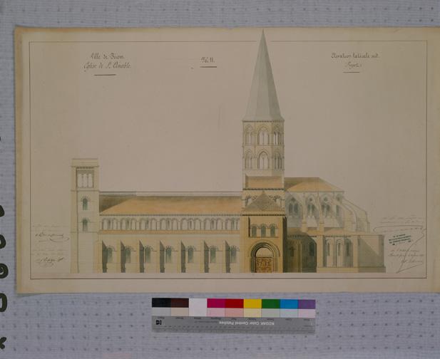 Ville de Riom. Eglise de Saint-Amable n°11. Elévation latérale sud, projet, papier, 58 x 92 cm., lavis et encre noire, s. éch., par A. Mallay, architecte, 1851