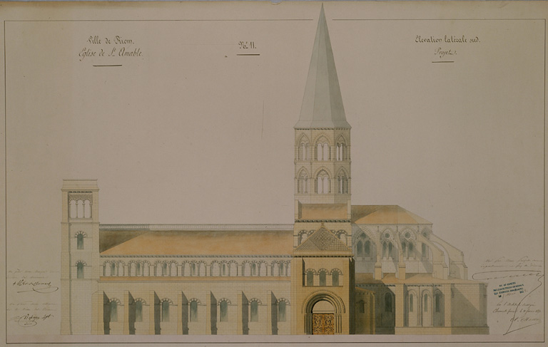 Ville de Riom. Eglise de Saint-Amable n°11. Elévation latérale sud, projet.