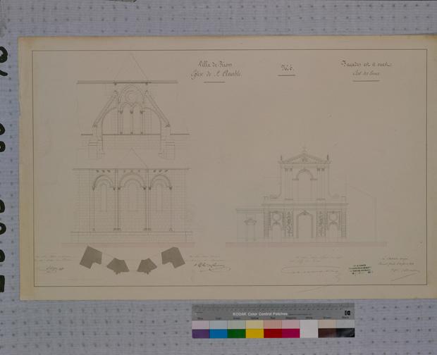 Ville de Riom. Eglise de Saint-Amable n°6. Façades est et ouest, état des lieux, papier, 58 x 92 cm., lavis rose et gris, s. éch., par A. Mallay, architecte, 1851