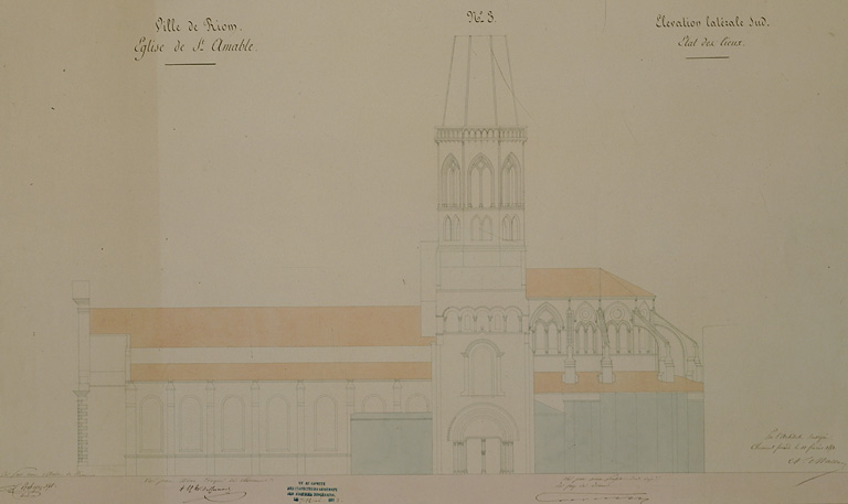 Ville de Riom. Eglise de Saint-Amable n°3. Elévation latérale sud, état des lieux.