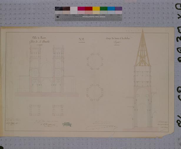 Ville de Riom. Eglise de Saint-Amable n°12. Coupe des tours et du clocher, projet, papier, 58 x 92 cm., lavis et encre noire, s. éch., par A. Mallay, architecte, 1851