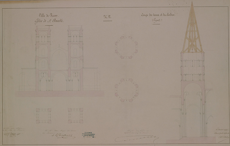 Ville de Riom. Eglise de Saint-Amable n°12. Coupe des tours et du clocher, projet.