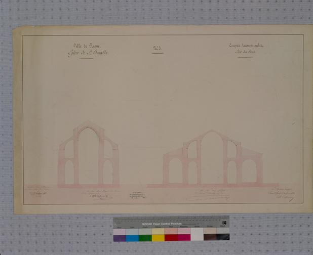 Ville de Riom. Eglise de Saint-Amable n°5. Coupes transversales, état des lieux, papier, 58 x 92 cm., lavis rose et encre noire, s. éch., par A. Mallay, architecte, 11 février 1851