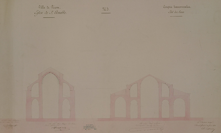 Ville de Riom. Eglise de Saint-Amable n°5. Coupes transversales, état des lieux.