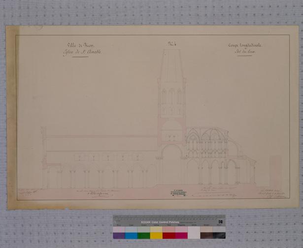 Ville de Riom. Eglise de Saint-Amable n°4. Coupe longitudinale, état des lieux, papier, 58 x 92 cm., lavis rose et encre noire, s. éch., par A. Mallay, architecte, 1851