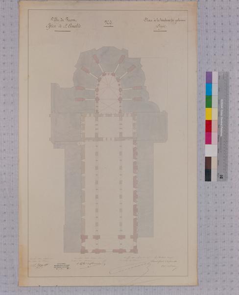 Ville de Riom. Eglise de Saint-Amable n°9. Plan à la hauteur des galeries, projet, papier, 58 x 92 cm., lavis et encre, s. éch., par A. Mallay, architecte, 11 février 1851