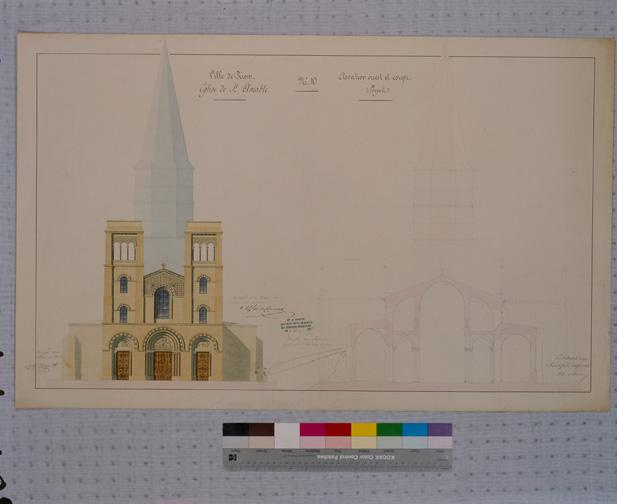 Ville de Riom. Eglise de Saint-Amable n°10. Elévation ouest et coupe, projet, par A. Mallay, architecte, 1851