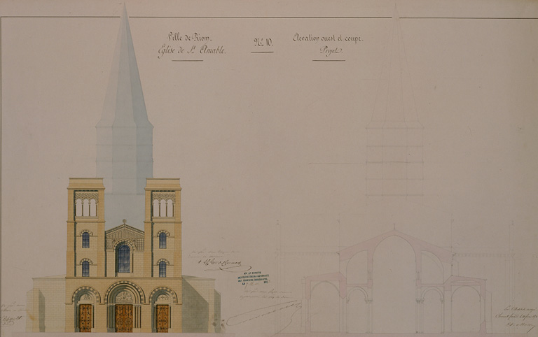 Ville de Riom. Eglise de Saint-Amable n°10. Elévation ouest et coupe, projet.