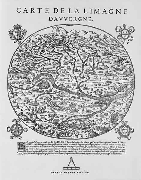 Carte de la Limagne d'Auvergne, papier, 29 x 38 cm., gravure sur bois, in Gabriel SYMEON, Description de la Limagne d'Auvergne en forme de dialogue[...].- Lyon : Guillaume Roville, 1561, 144 p.