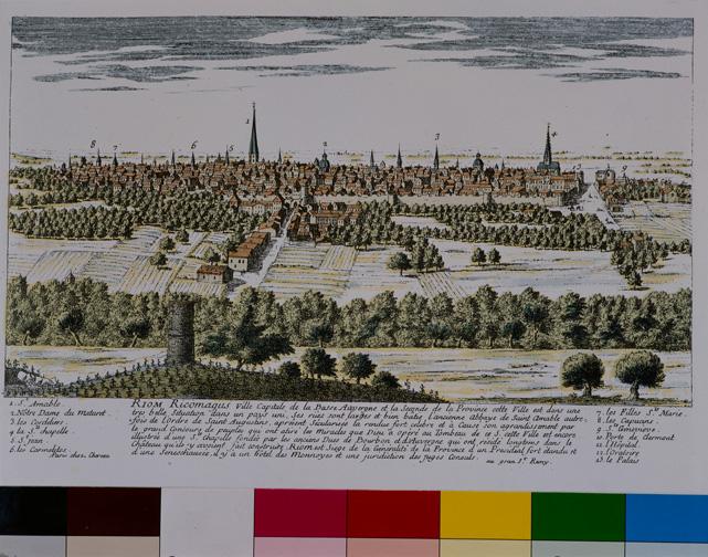 Vue de Riom, papier, 32 x 22 cm., gravure sur cuivre coloriée, Chéreau édit. à Paris, 1740